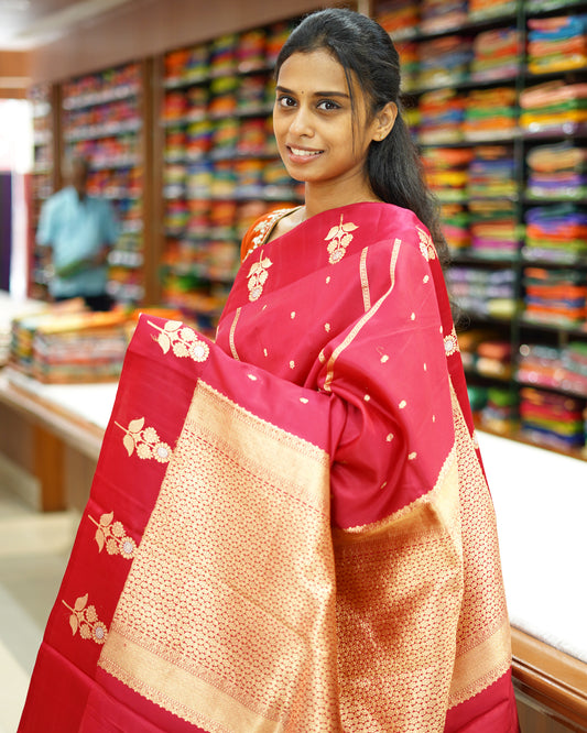 Dark Pink Satin Border Raw Mango Silk - PD1075