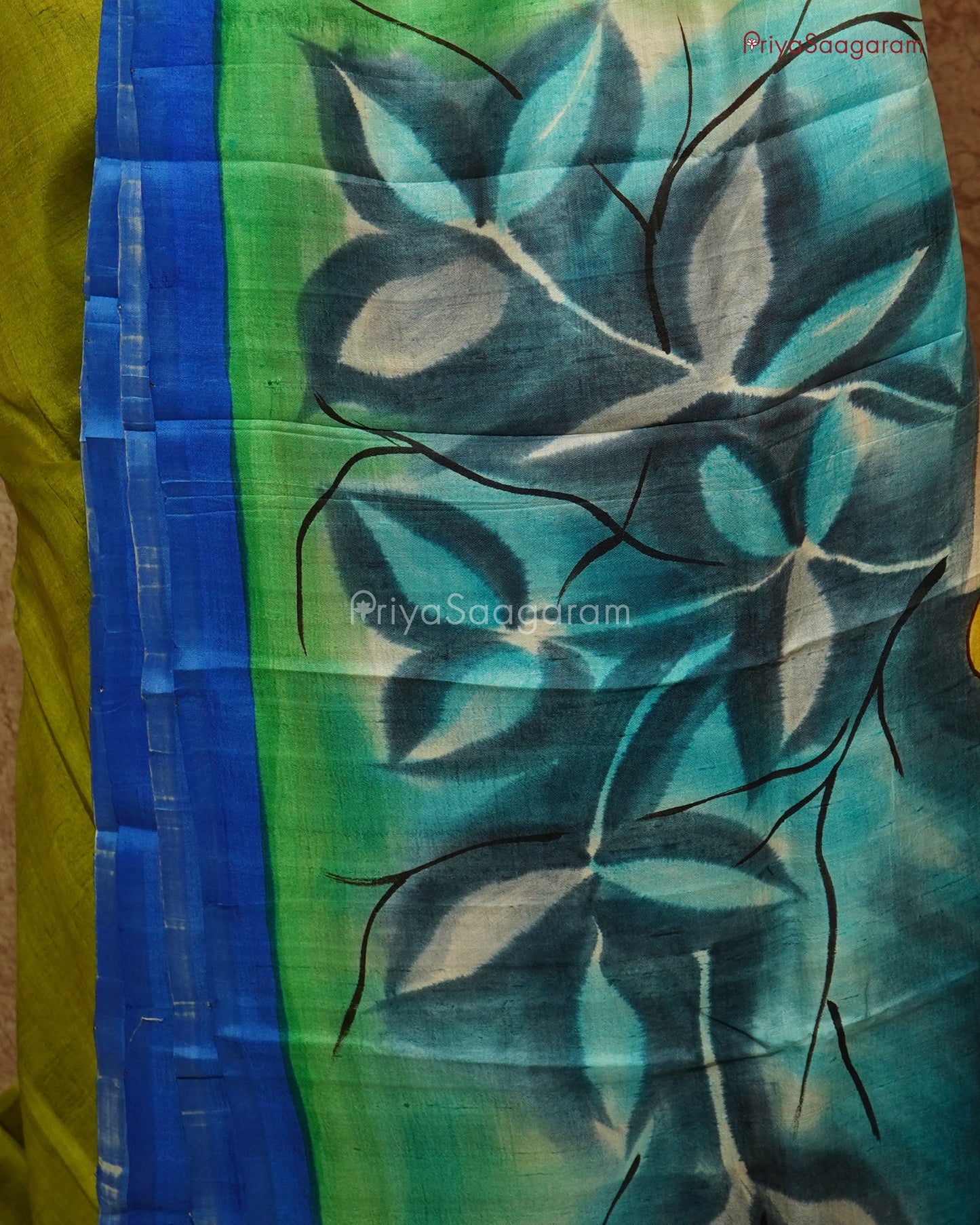 Blue Green Leaf Painted Murshidabad Tussar - PD596