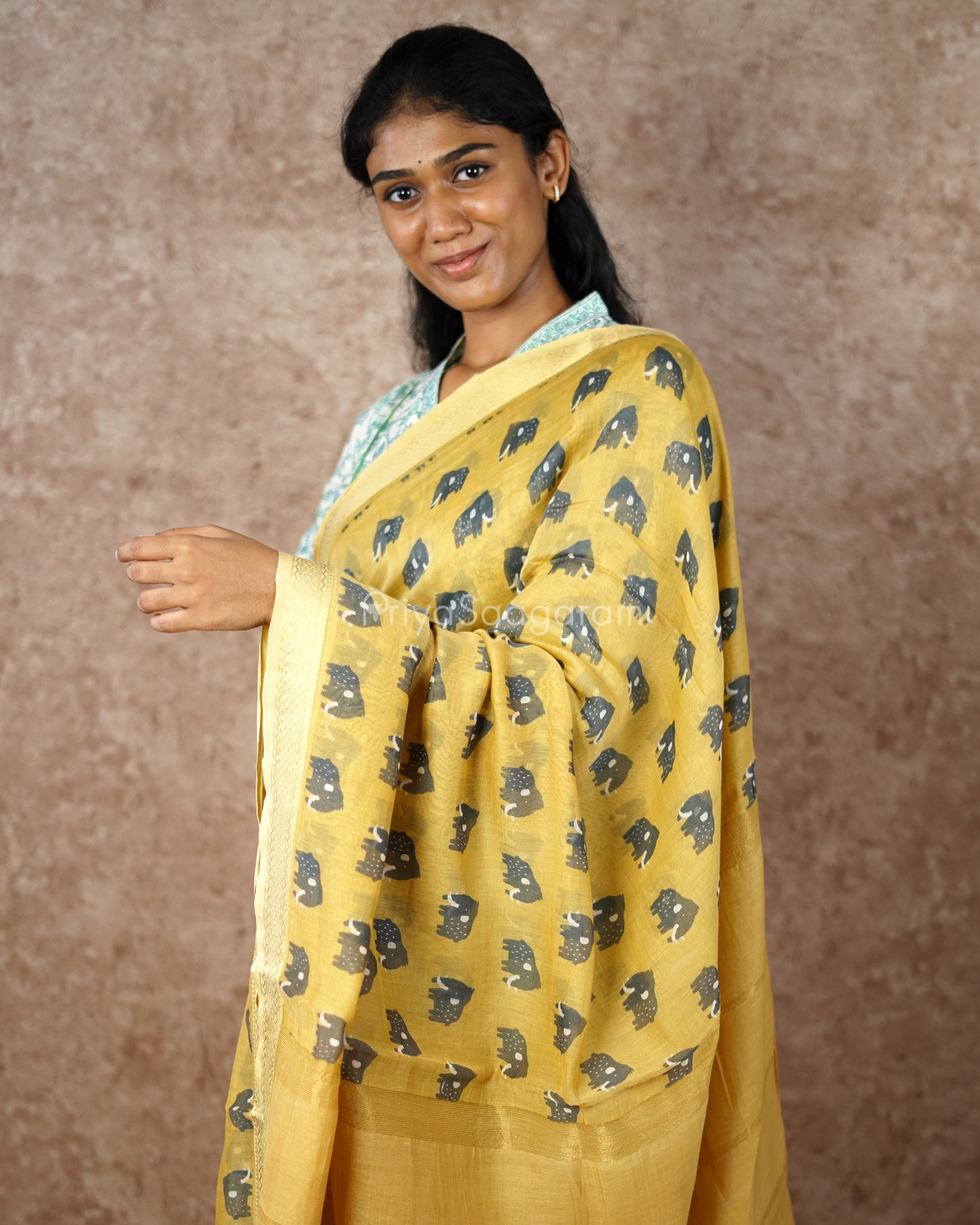 Elephant Printed Yellow Chanderi - PD499
