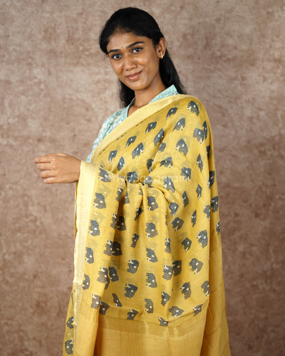 Elephant Printed Yellow Chanderi - PD499