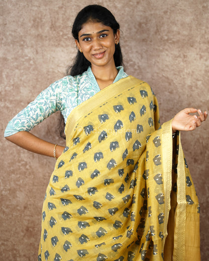 Elephant Printed Yellow Chanderi - PD499
