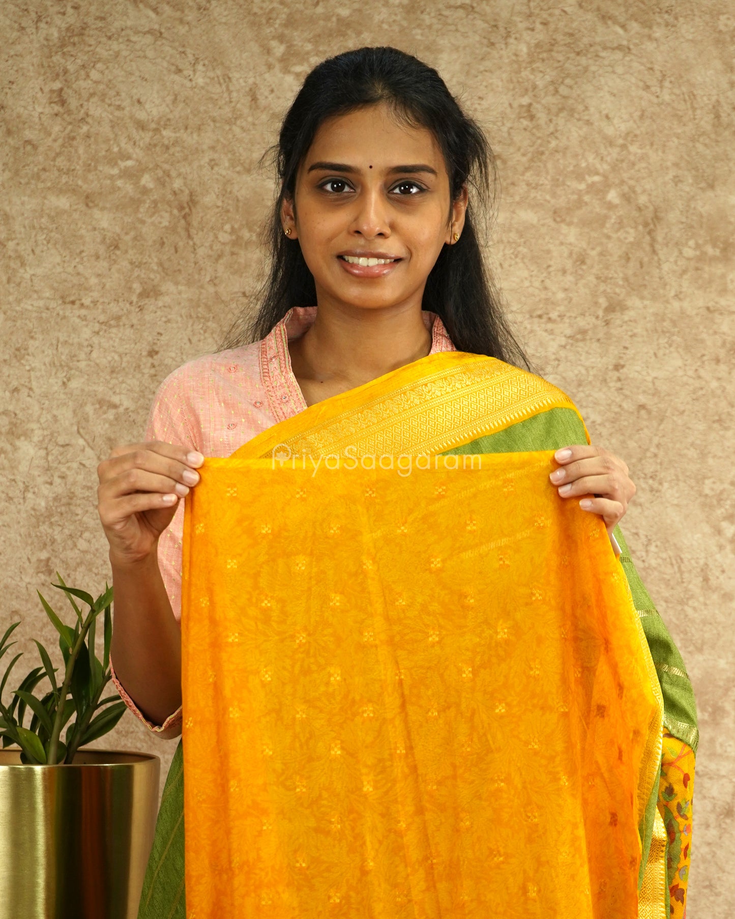 Green Yellow Floral Crepe Silk - PD1864