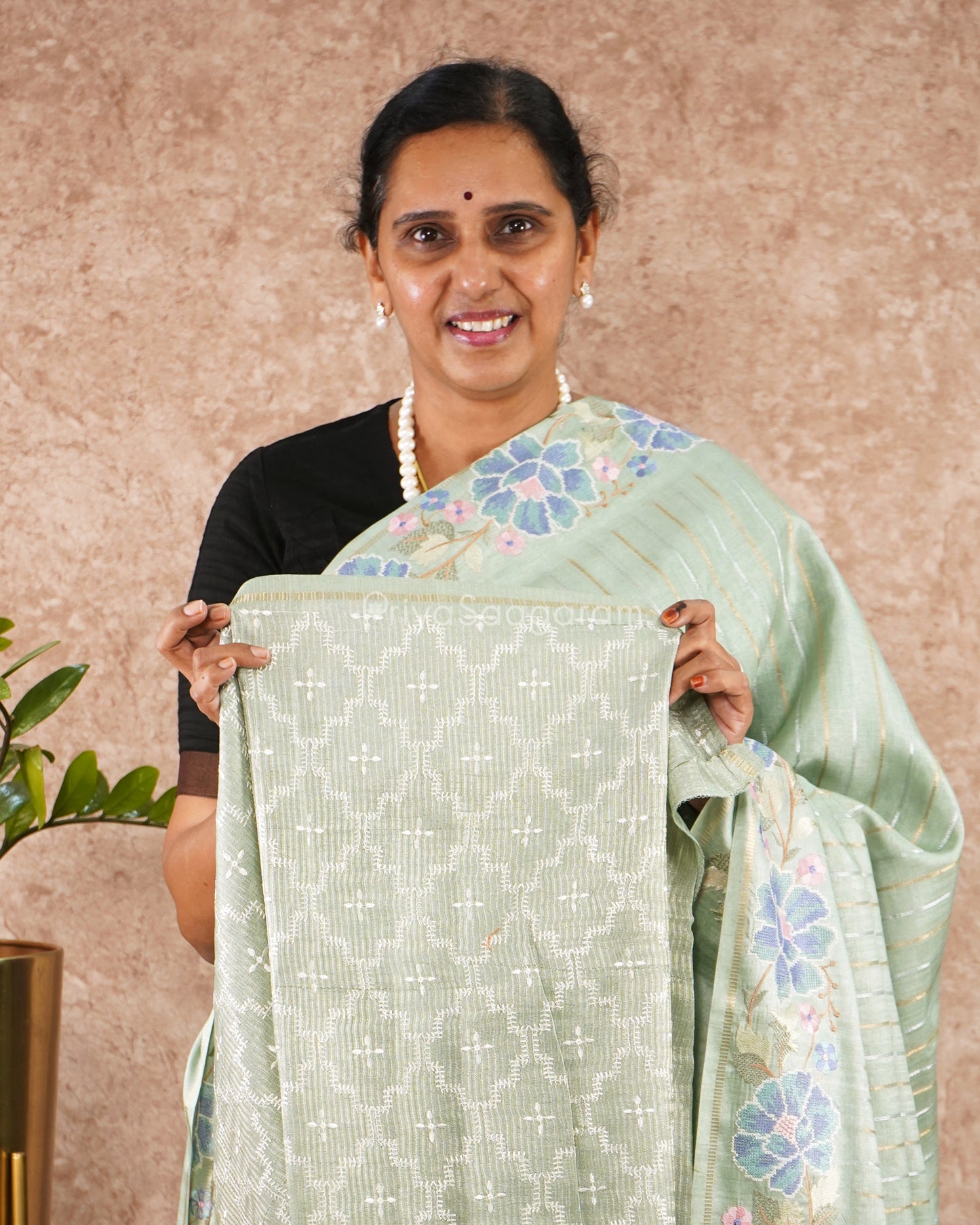 Persian Green Embroidery Tussar - PD5549