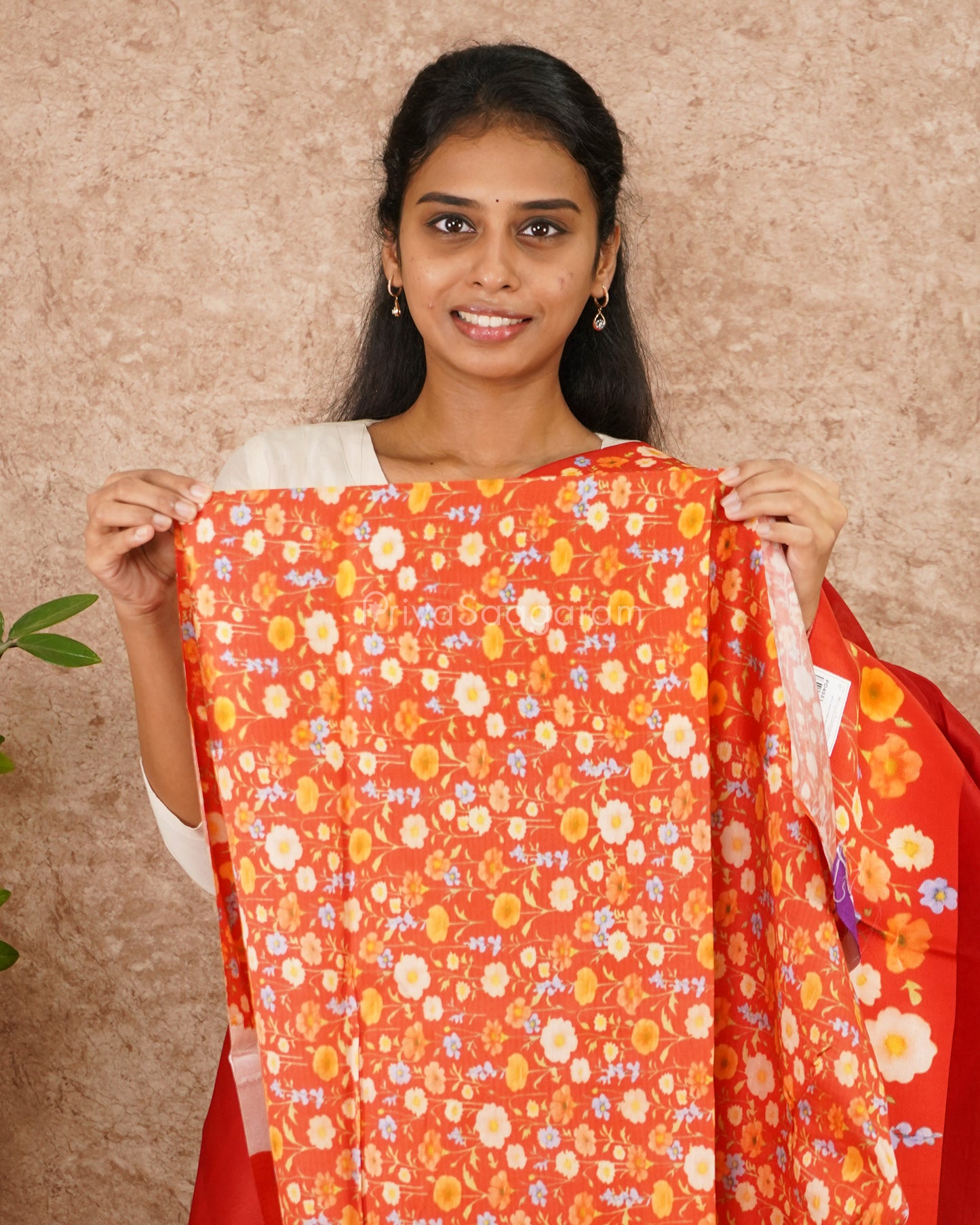 Red Floral Satin Border Kora Silk - PD4551