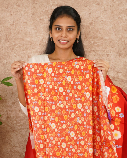 Red Floral Satin Border Kora Silk - PD4551