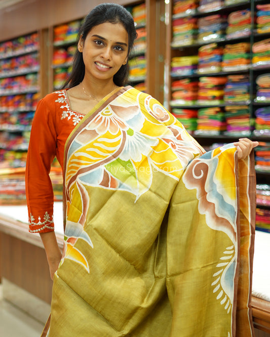 Moss Green Handpainted Murshidabad Tussar - PD586