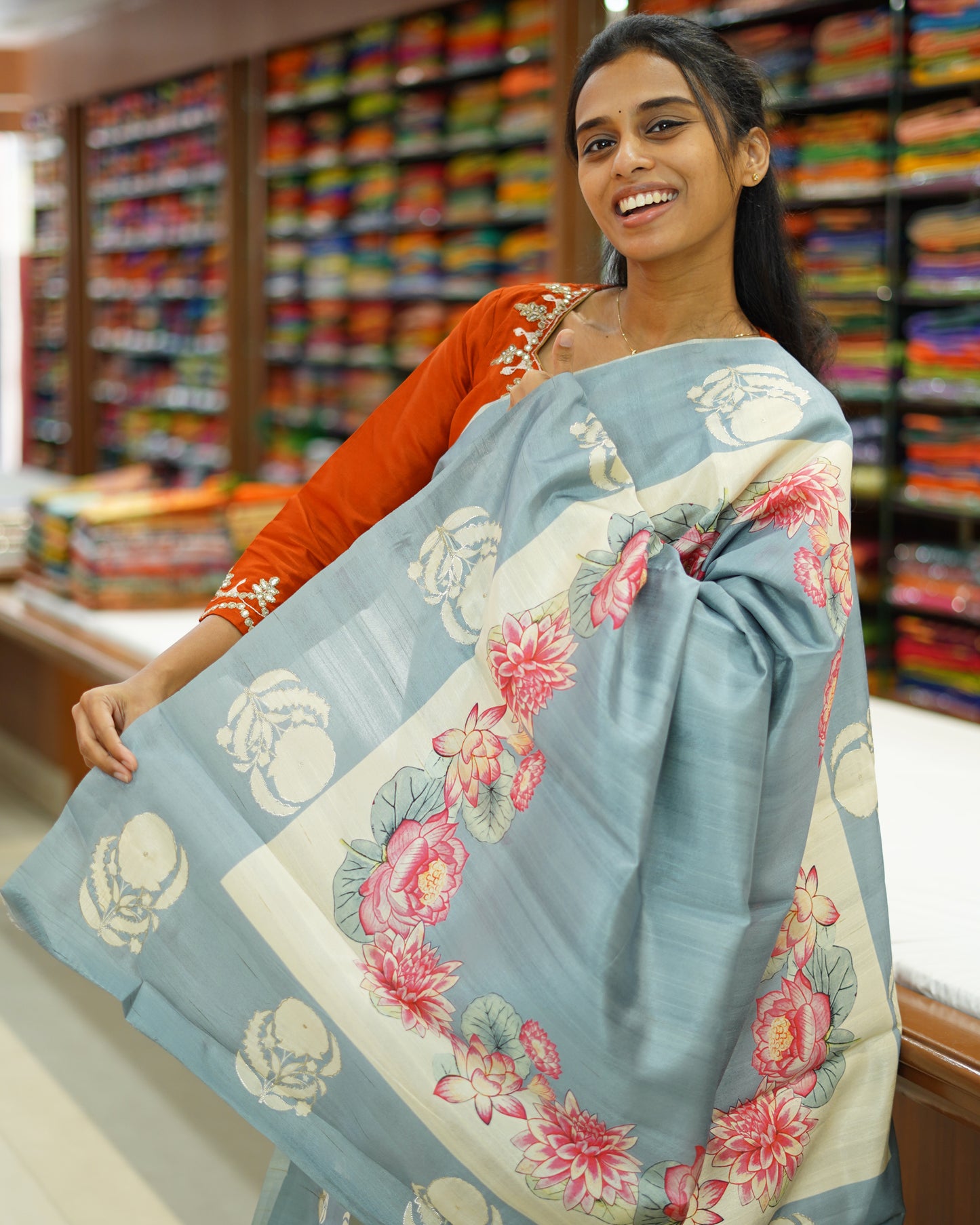 Sky Blue Floral Aari Work Tussar - PD806