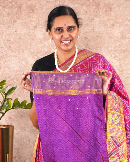 Purple Pink Ikkat Embroidery Tussar - PE14