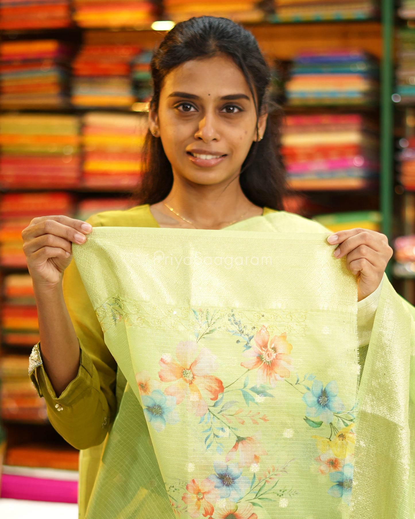 Bright Green Embroidery Silk Kota - PD669