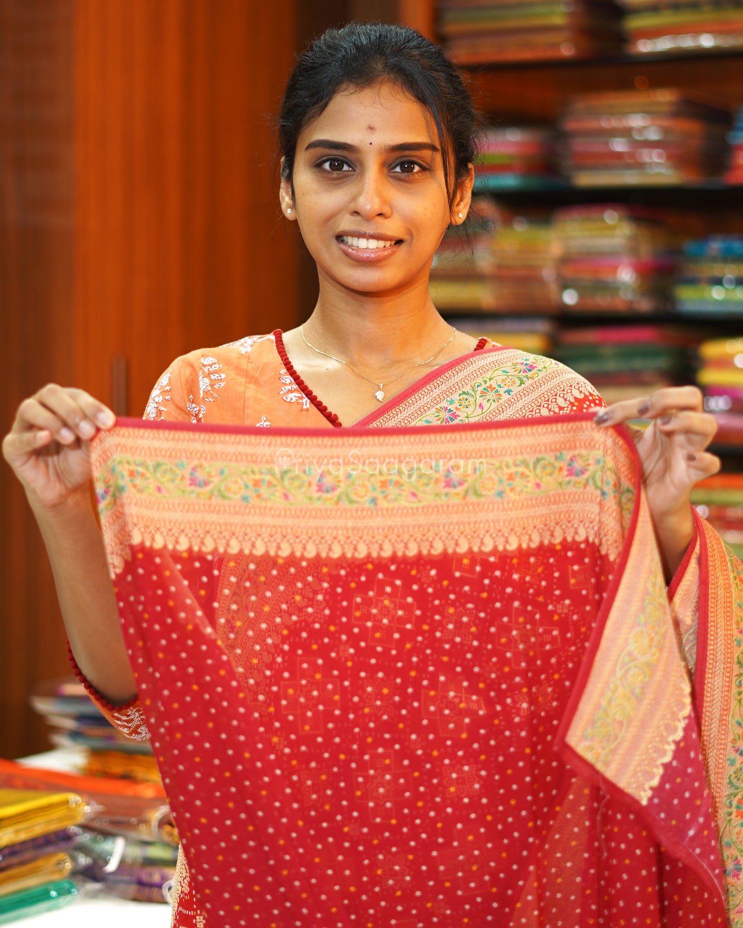 Red Minakari Bandhani Banaras Crepe Silk - PE343
