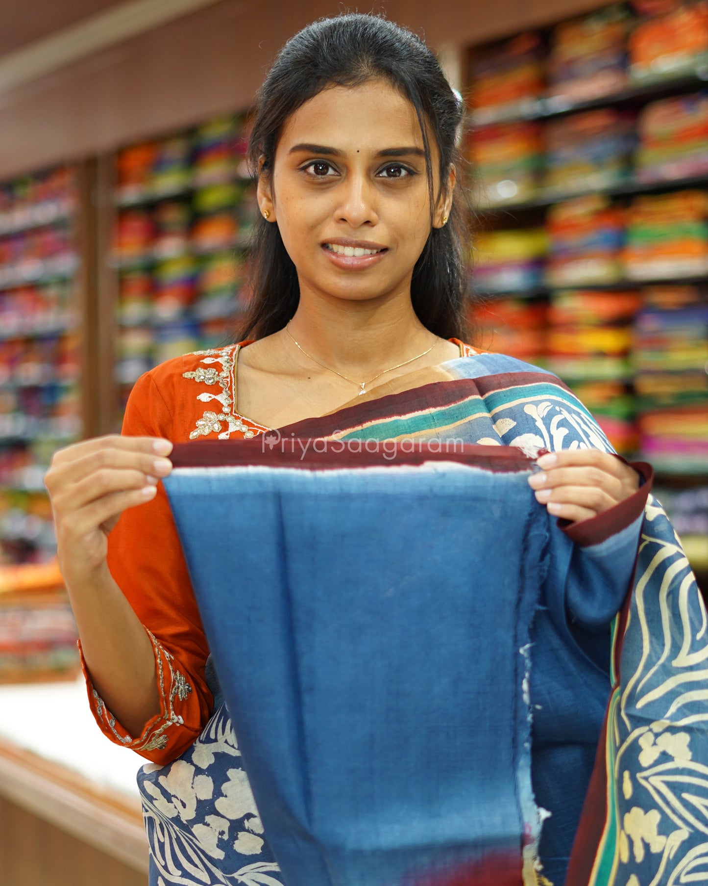 Blue Cream Handpainted Murshidabad Tussar - PD591