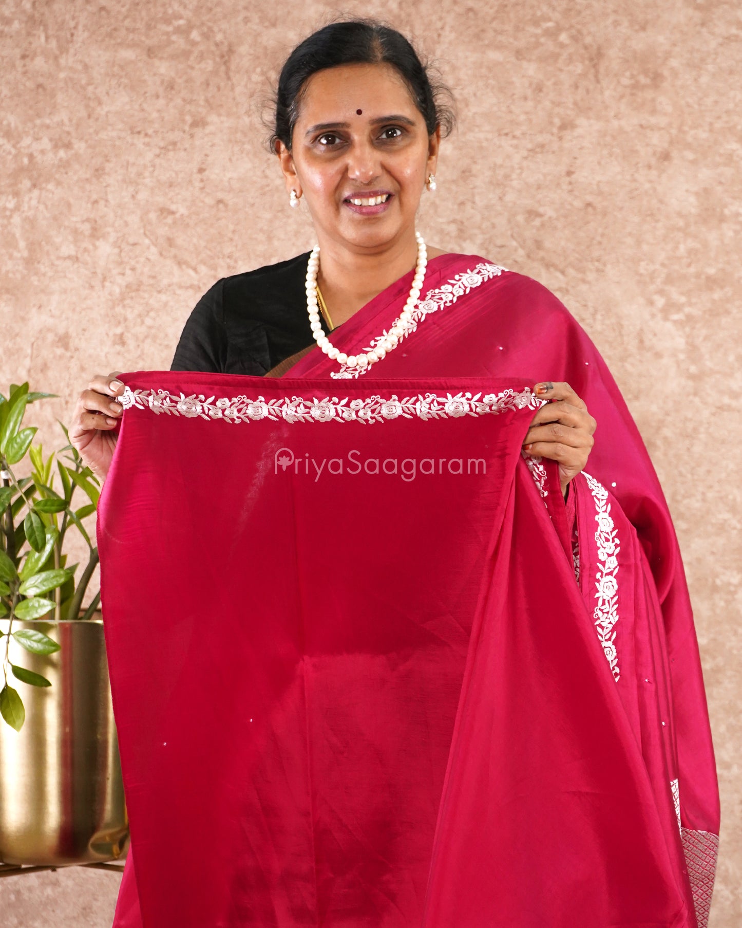 Bright Maroon Embroidery Satin Tussar - PD5494
