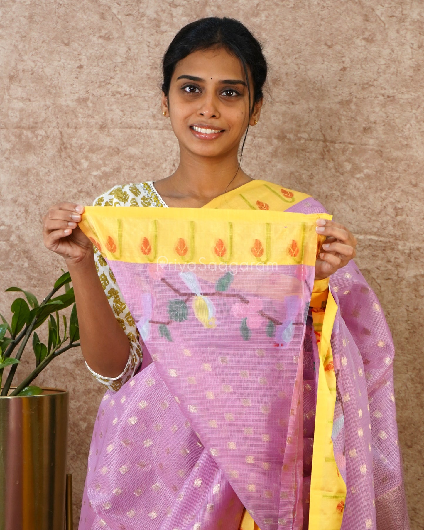 Lavender and Yellow Paithani Silk Kota - PD4307