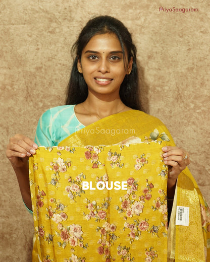Mustard Yellow Floral Chiniya Silk - PD988