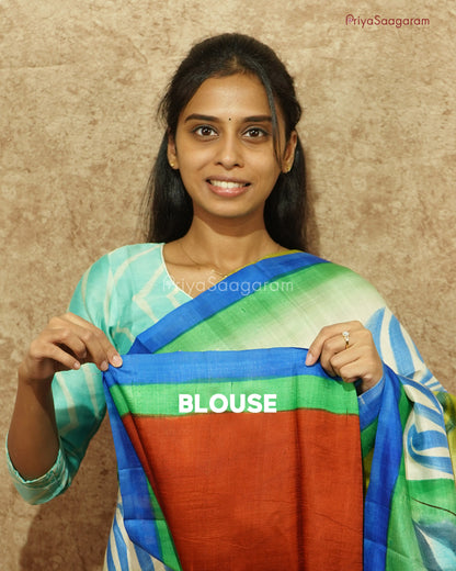 Blue Green Leaf Painted Murshidabad Tussar - PD596