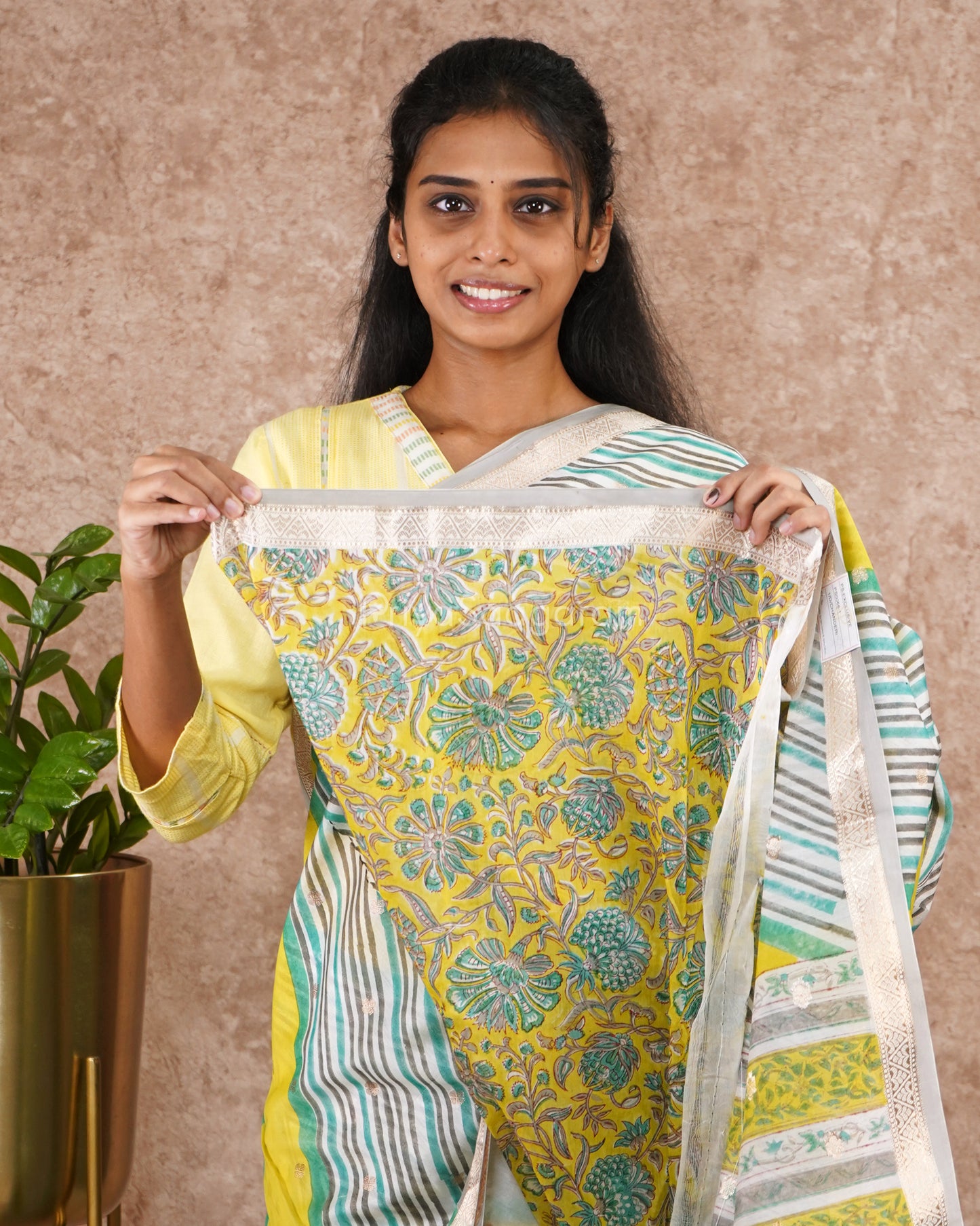 Blue Green Handpainted Chanderi Cotton - PD4907