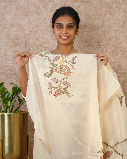 Cream Gold Embroidery Tissue Silk - PD3879