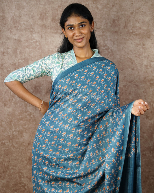 Floral Printed Blue Chanderi - PD572