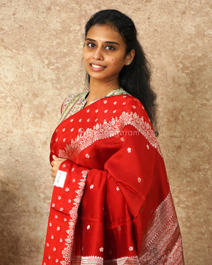 Bright Red Silver Zari Chiniya Silk - PD4556