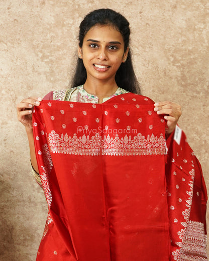 Bright Red Silver Zari Chiniya Silk - PD4556